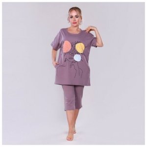 Комплект домашний женский (футболка/бриджи), серый, р-р 66 Натали. Цвет: фиолетовый