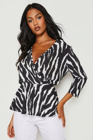 Блузка с баской принтом зебра , черный Boohoo