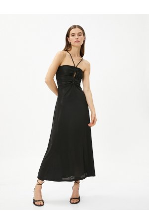 Серебристое длинное вечернее платье со сборками на шее и , черный Koton
