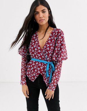 Блузка с цветочным принтом и контрастной завязкой -Мульти Lost Ink