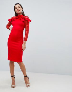 Платье-футляр миди с сеточкой и оборками ASOS Premium DESIGN. Цвет: красный