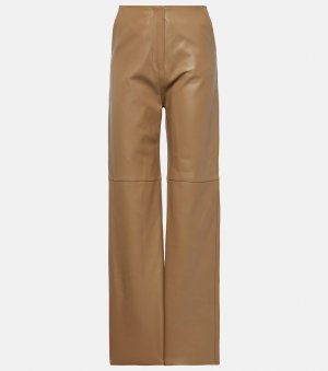 Прямые кожаные брюки с высокой посадкой Toteme, бежевый Totême
