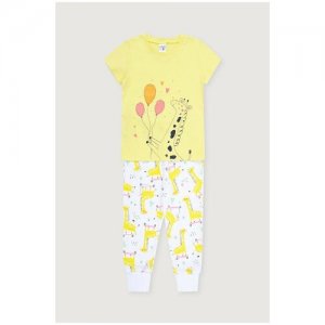 Пижама Crockid бледно-желтый, жирафы на самокатах, размер 104. Цвет: желтый/белый