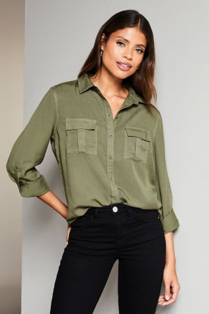 Рубашка с карманами и пуговицами из джинсовой ткани Tencel , зеленый Lipsy