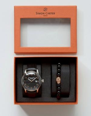 Подарочный набор с часами кожаным ремешком и браслетом Simon Carter. Цвет: черный