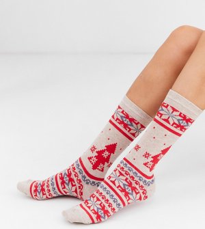 Кремовые хлопковые новогодние носки с узором Фэйр-Айл -Мульти Jonathan Aston