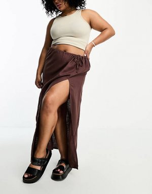 Шоколадная льняная юбка макси с высоким разрезом DESIGN Curve Asos