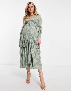 Выгоревшее платье-рубашка миди на пуговицах с кружевными вставками ASOS DESIGN Maternity цвета хаки