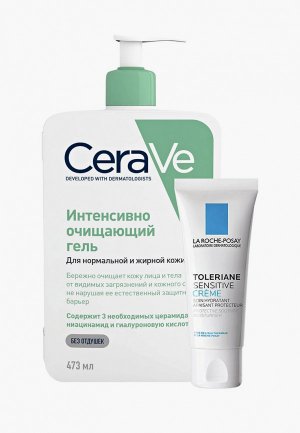 Набор для ухода за лицом CeraVe Очищающий гель нормальной и жирной кожи, 473 мл, Легкий крем комбинированной кожи Toleriane Sensitive, 40 мл со скидкой 50%. Цвет: прозрачный