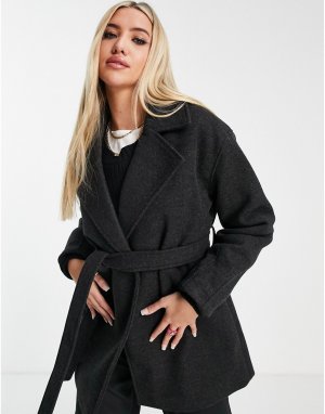 Черное пальто из смесовой шерсти с поясом -Черный NA-KD