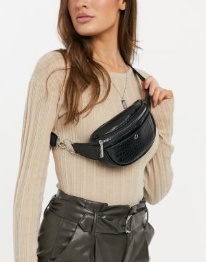 Черная сумка-кошелек на пояс из искусственной кожей с фактурой под крокодила -Черный New Look