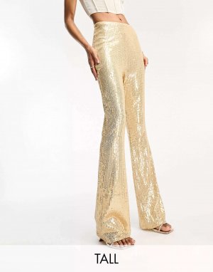 Золотистые расклешенные брюки с пайетками Jaded Rose. Цвет: желтый