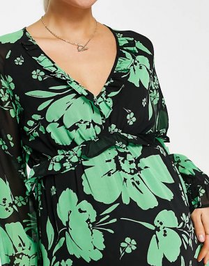 Зелено-черное струящееся платье миди с v-образным вырезом и цветочным принтом Wednesday's Girl Maternity Wednesday's