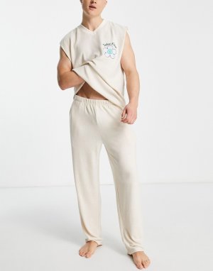 Пижамный комплект из брюк и жилета с принтом на груди -Светло-бежевый цвет ASOS DESIGN