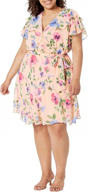 Платье больших размеров из жатого жоржета с цветочным принтом и поясом LAUREN Ralph Lauren, цвет Pink Multi