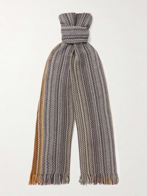 Вязаный крючком хлопковый шарф в полоску с бахромой MISSONI, серый Missoni