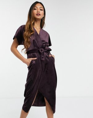 Сливовое бархатное платье миди с рукавами кимоно, запахом и поясом -Фиолетовый Closet London