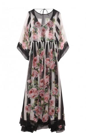 Шелковая туника в полоску с цветочным принтом Dolce & Gabbana. Цвет: черно-белый