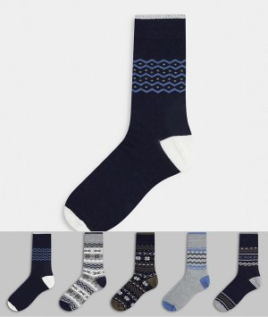 Набор из 5 пар темно-синих носков с узором «фэр-айл» -Темно-синий Burton Menswear