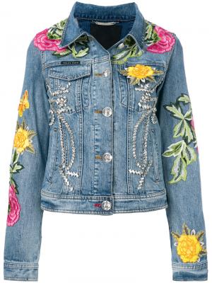 Джинсовая куртка с цветочными нашивками Philipp Plein. Цвет: синий