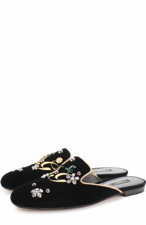 Бархатные сабо с вышивкой и кристаллами Dolce & Gabbana. Цвет: черный