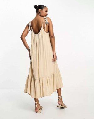 Кремовое пляжное платье макси с завязками на плечах Vero Moda