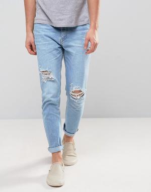 Выбеленные джинсы скинни цвета светлого индиго с рваной отделкой Zeffe Zeffer. Цвет: синий