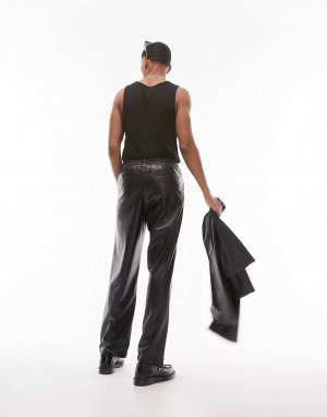 Черные широкие брюки из искусственной кожи Topman. Цвет: черный