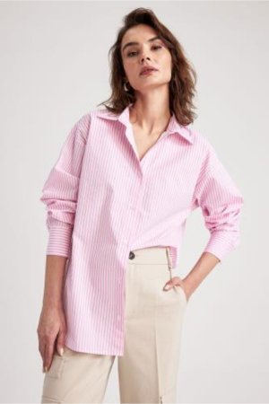 Рубашка оверсайз из поплина в полоску с длинными рукавами 100% хлопка , розовый DeFacto