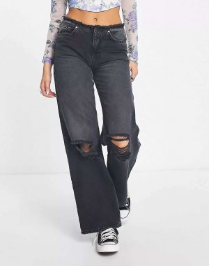 Только широкие джинсы с потертой заниженной талией черного цвета ONLY