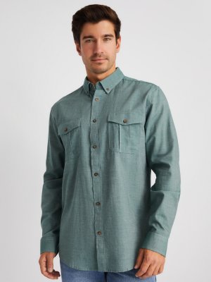 Рубашка из хлопка с длинным рукавом и карманами zolla. Цвет: зеленый