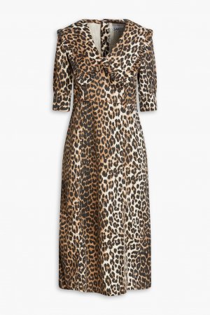 Джинсовое платье миди с леопардовым принтом , животный принт GANNI