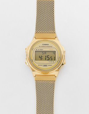 Золотистые цифровые часы в стиле унисекс с сетчатым ремешком Vintage-Золотистый Casio