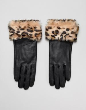 Кожаные перчатки с искусственным леопардовым мехом Barneys Originals Barney's. Цвет: черный