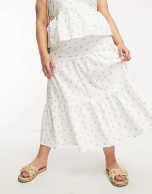Белая ярусная льняная юбка миди с цветочным принтом Plus Daisy Street
