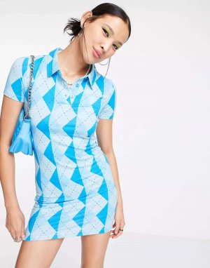 Синее облегающее платье-поло с аргилловым принтом Urban Threads