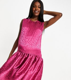 Розовое платье миди с заниженным подолом и леопардовым принтом -Мульти Queen Bee