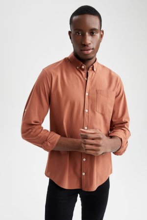 Рубашка из 100% хлопка узкого кроя с воротником поло и длинными рукавами , оранжевый DeFacto