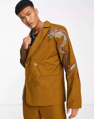 Бумажный двубортный пиджак большого размера с коричневым принтом дракона Liquor N Poker