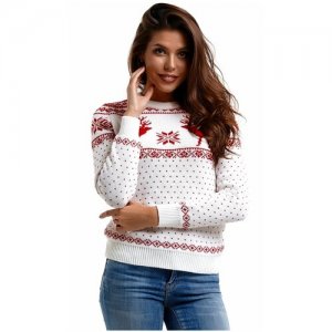 Шерстяной свитер, классический скандинавский орнамент с Оленями и снежинками, натуральная шерсть, белый, красный цвет, размер S AnyMalls. Цвет: белый