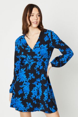 Синее мини-платье с запахом и швами цветочным принтом , синий Dorothy Perkins