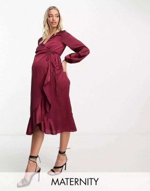 Бордовое атласное платье миди с запахом для беременных New Look