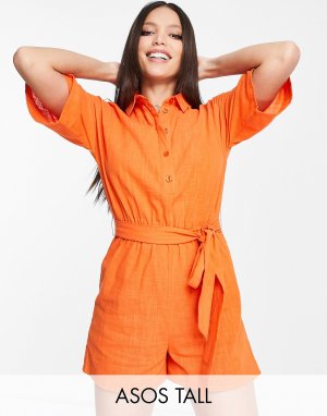 Оранжевый пляжный комбинезон-рубашка с поясом и ASOS DESIGN Tall