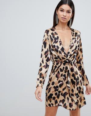 Платье с длинными рукавами, перекрученным дизайном и леопардовым принтом Club L-Многоцветный L London