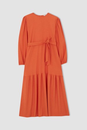 Платье макси с круглым вырезом и длинными рукавами-фонариками , оранжевый DeFacto