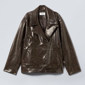 Куртка Flora Oversized Faux Leather Biker, темно-коричневый Weekday. Цвет: коричневый