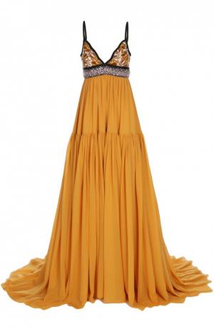 Платье в пол с длинным подолом и вышивкой Giambattista Valli. Цвет: желтый