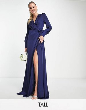 Темно-синее атласное платье макси с длинными рукавами Tall Bridesmaid TFNC