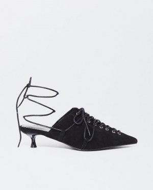 Однотонные женские кожаные туфли-лодочки с пяткой на шнуровке и регулируемым ремешком. Parfois, черный PARFOIS