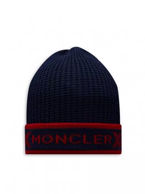 Шерстяная шапка-бини с логотипом , темно-синий Moncler